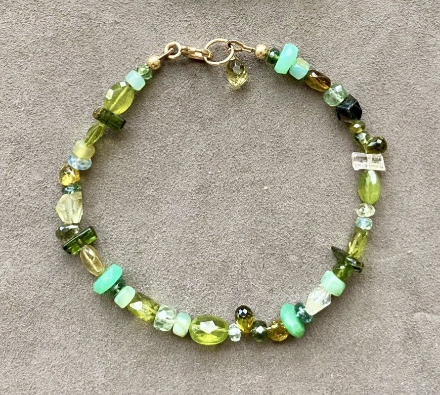 Stranded Bracelet Green Garden With Peridot, Green Tourmaline, Peruvian Opal, Vassonite and Beryl