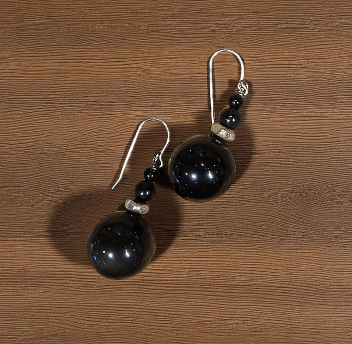 Rasmussen Earrings Large Obsidian SS Bali Beads