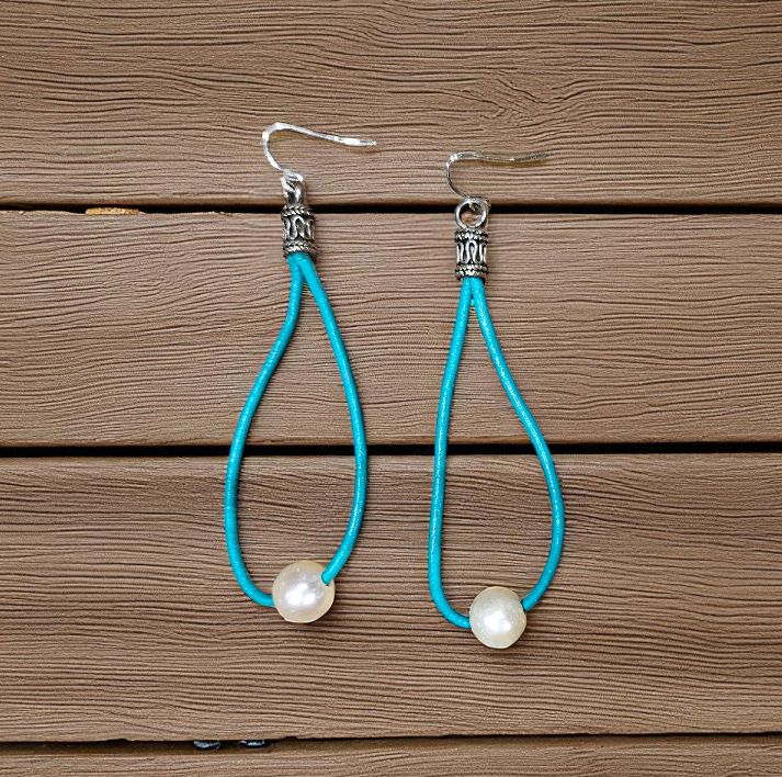 Rasmussen Earrings Turquoise Leather Hoops w/White Freshwater Pearls