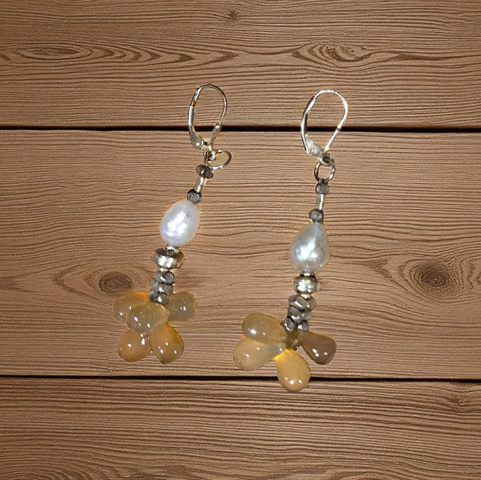 Rasmussen Earrings Large Silver Potato Pearl &amp; Smokey Chalcedony