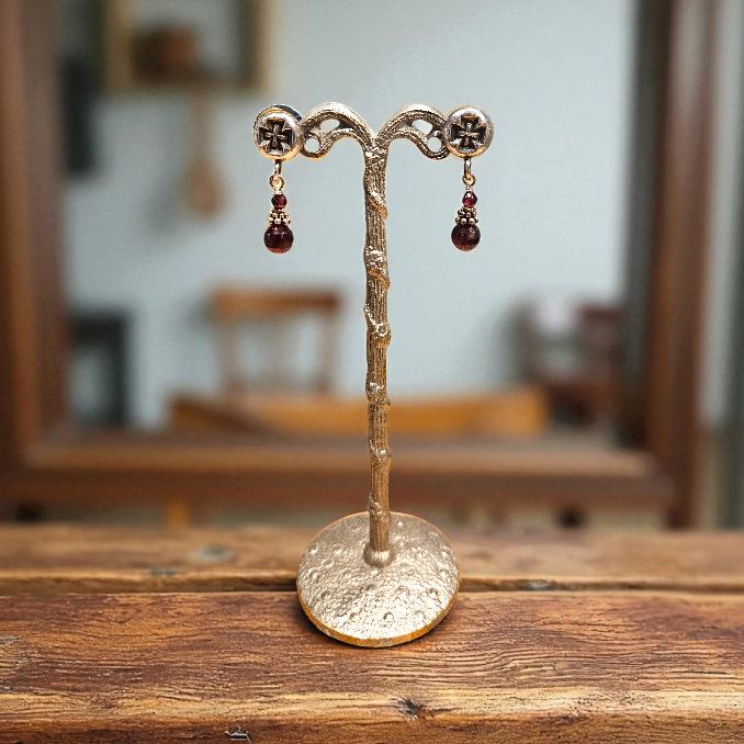 Rasmussen Earrings Coptic Cross w/ Faceted Garnet