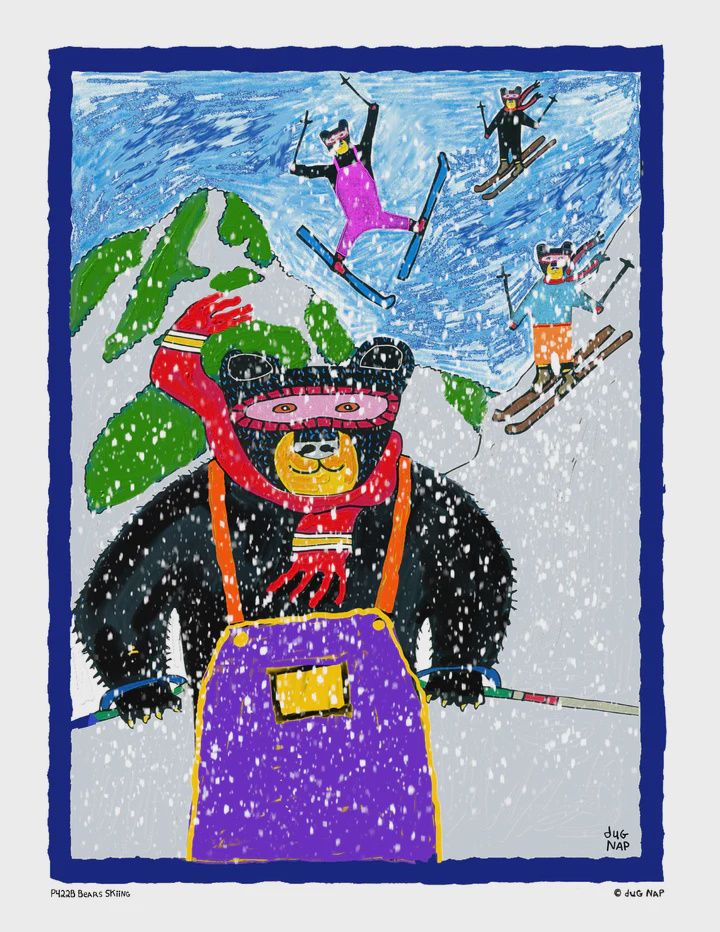 Dug Nap Art Bears Skiing In Snow Flakes