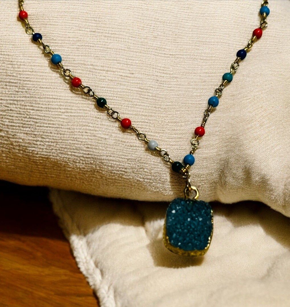 Trueworthy Necklace Multi Colored Gemstones Chain w/Green Drusy