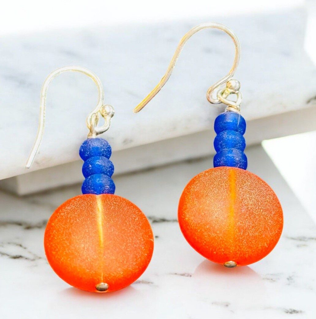 Trueworthy Earrings Orange and Blue Sea Glass