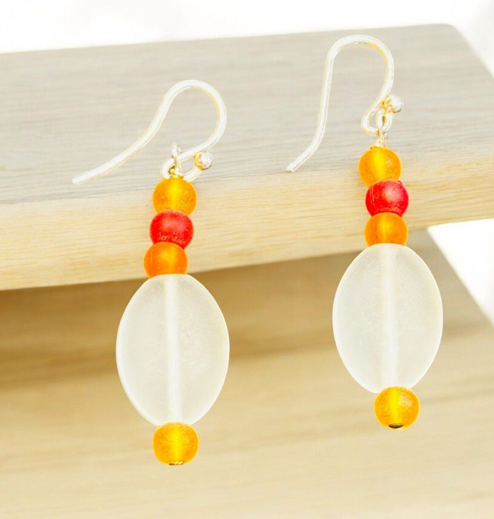 Trueworthy Earrings Ocal white Sea Glass with Red and Gold Sea Glass Beads