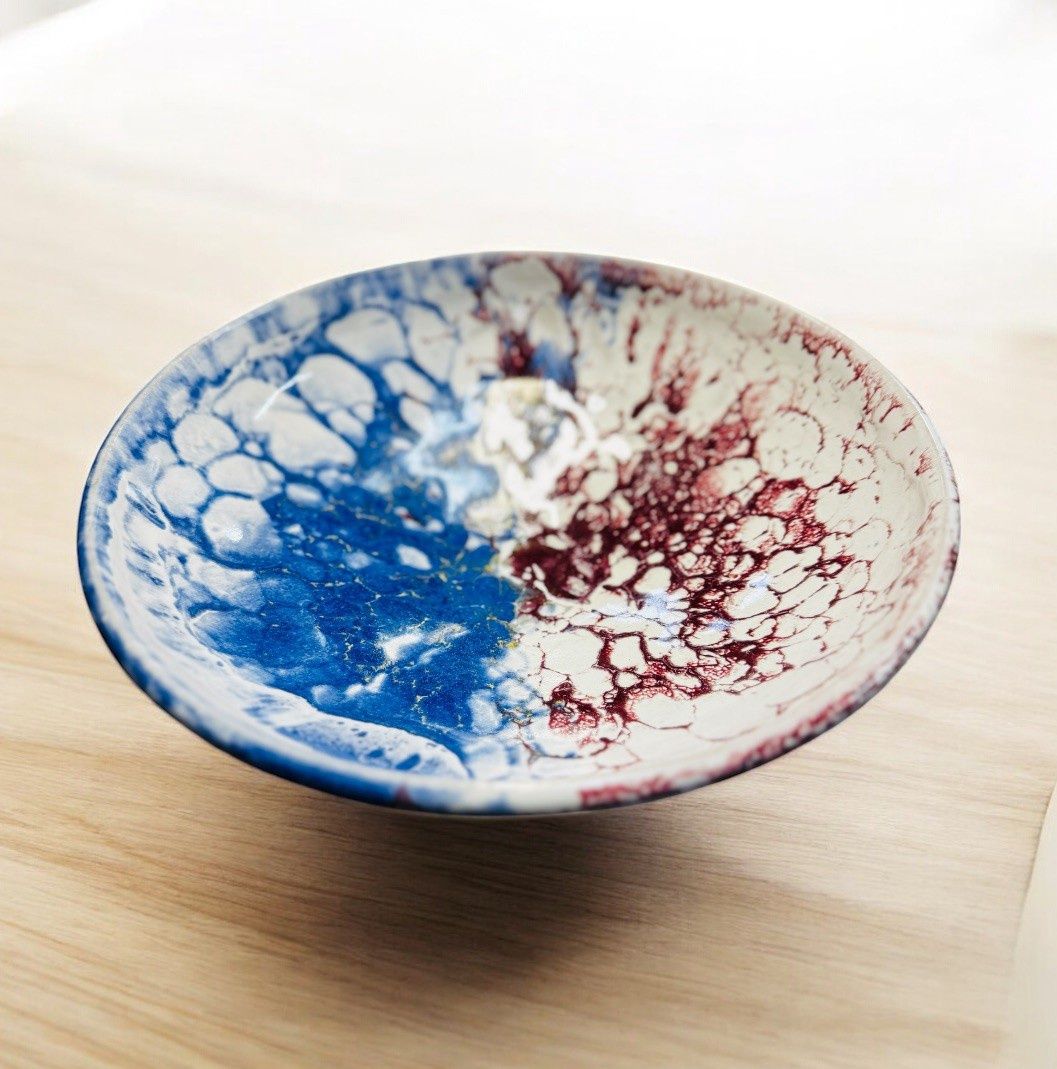 BMF Large Serving Bowl White, Burgandy and Blue