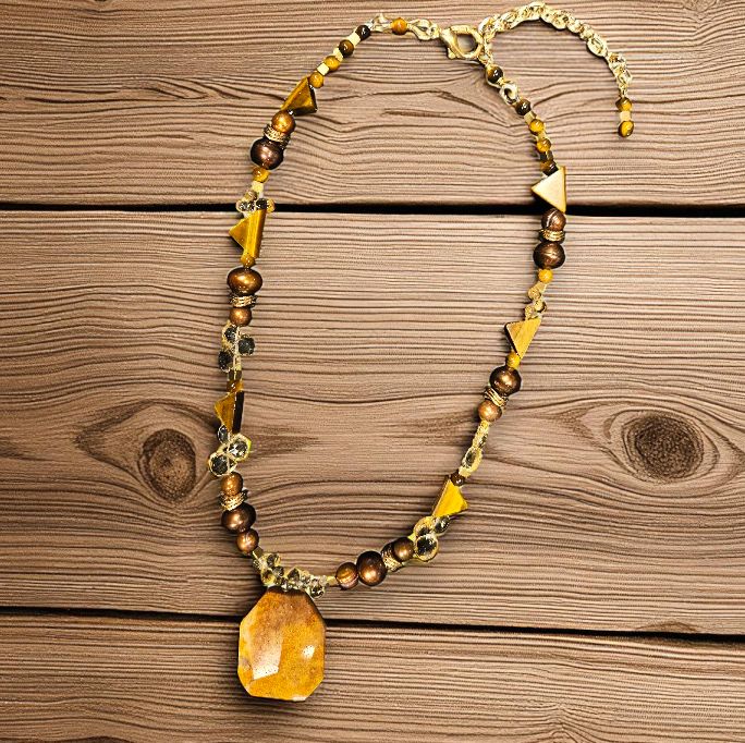 Rasmussen Necklace Fossilized Coral W/Citrine and Bronze Freshwater Pearls