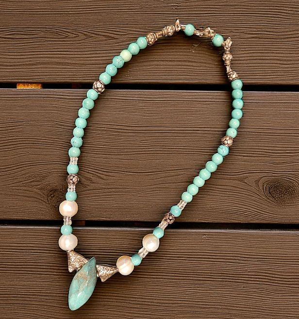 Rasmussen Necklace Turquoise, White Freshwater Pearl &amp; White Topaz
