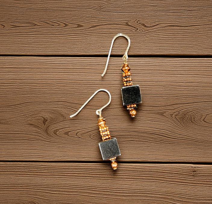 Rasmussen Earrings Large Hematite Cube with Copper Accents
