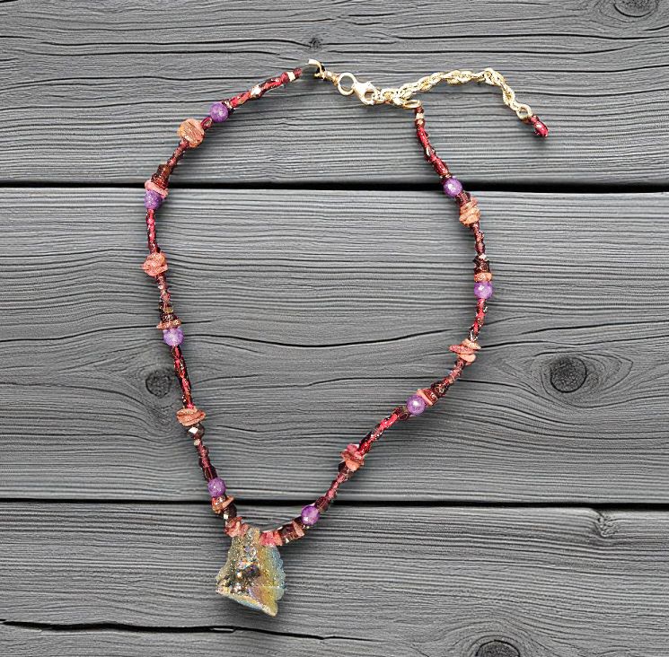 Rasmussen Necklace Quartz Druzy Pendant W/Garnets