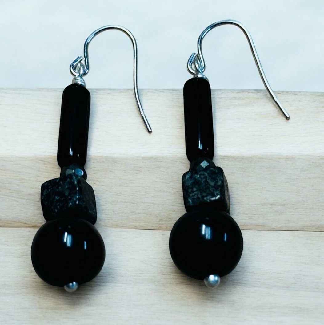 Rasmussen Earrings Obsidian Balls, Pyrite and Onyx