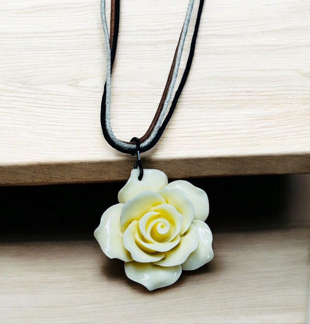 Rasmussen Necklace Carved Resin Rose on Three Strand Cord