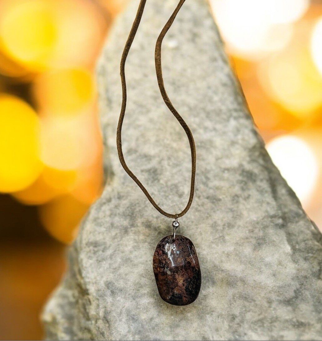 Rasmussen Necklace Large Oval Red Jasper on Dark Brown Leather Suede