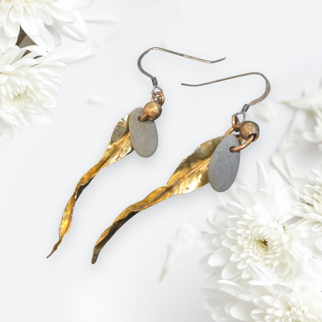 Blue Quarry Earrings Forged Leaf Bronze Long