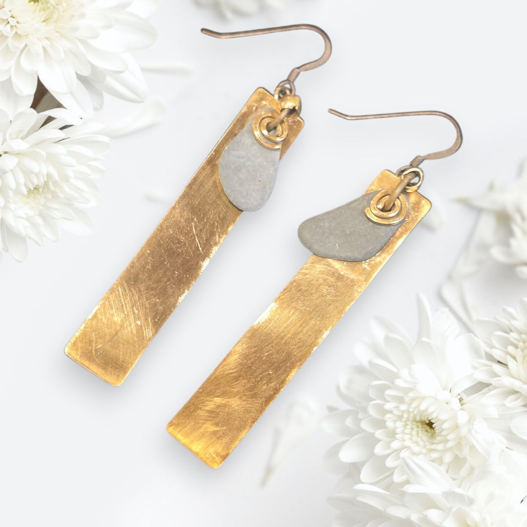 Blue Quarry Earring Long Brass Rectangle with Stone