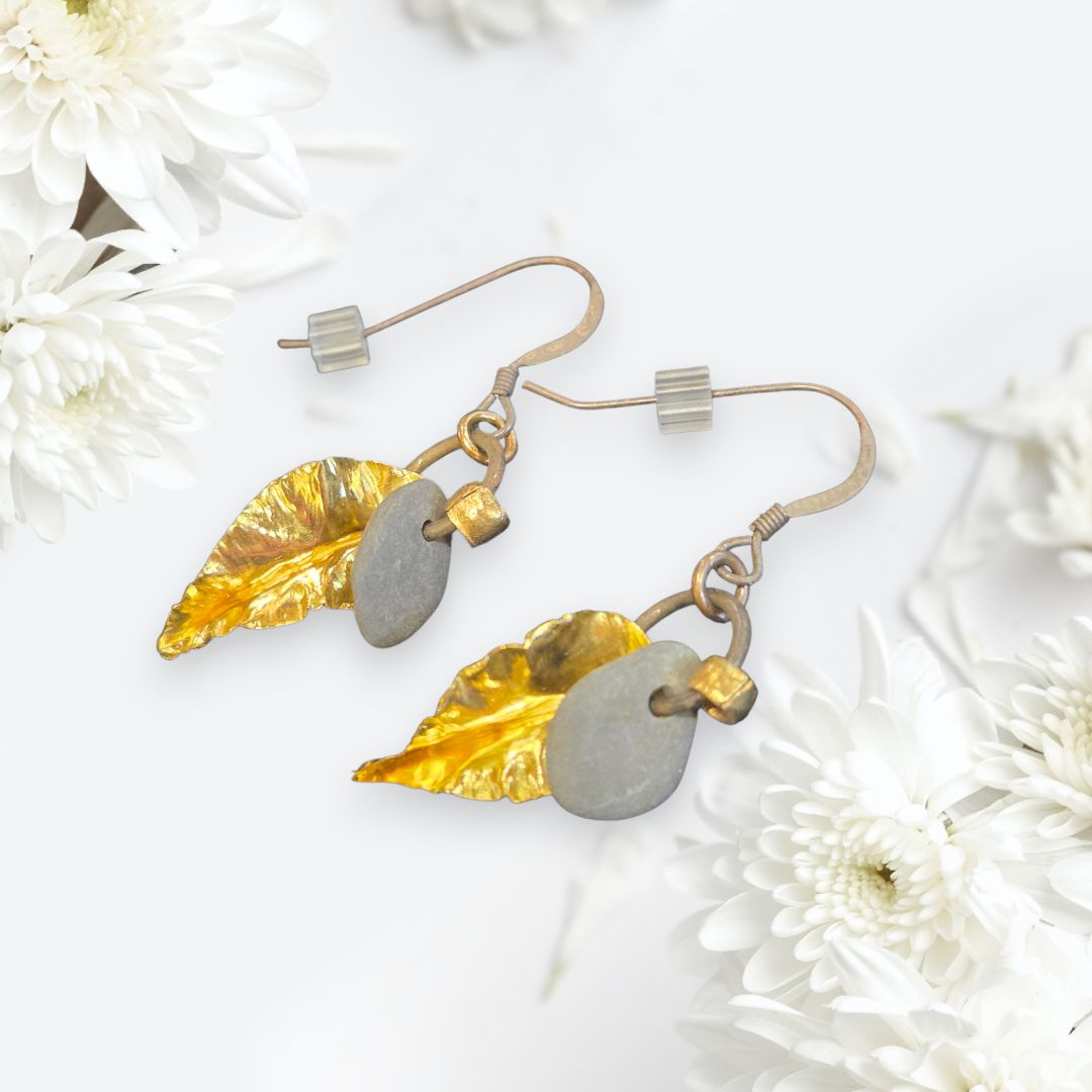 Blue Quarry Earring Forged Leaf Yellow Brass Short