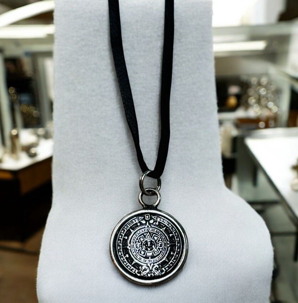 Rasmussen Necklace Silver Myan Calendar Pendant on Black Leather