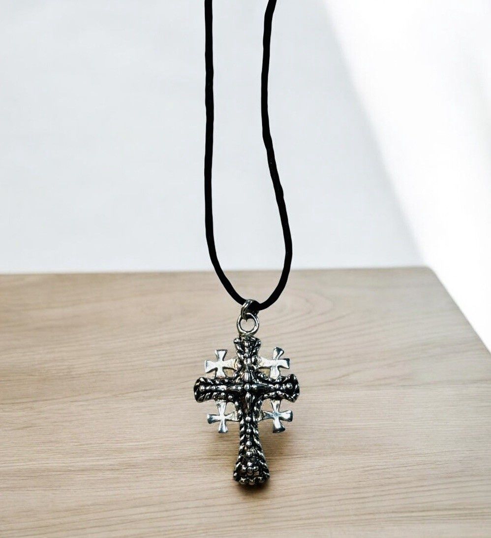 Rasmussen Necklace Sterling Coptic Cross on Black Hemp w/Black Agate