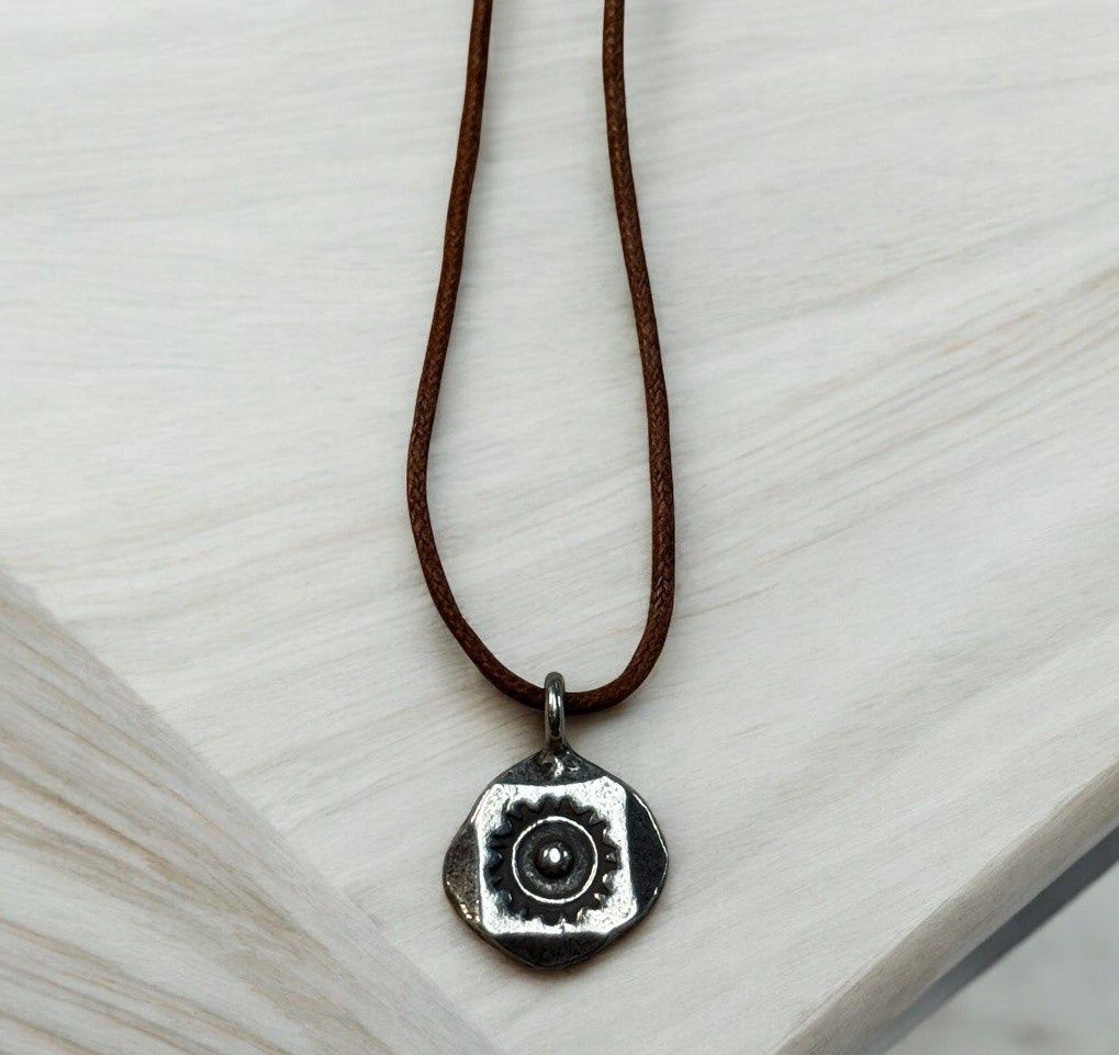 Rasmussen Necklace Fine Silver Sun Pendant on Brown Cotton Cord w/Black Agate