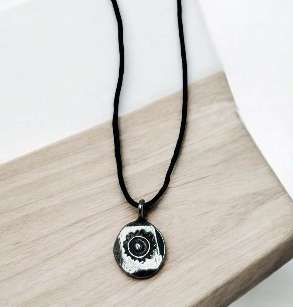 Rasmussen Necklace Fine Silver Sun Pendant on Black Help Cord w/Black Agate