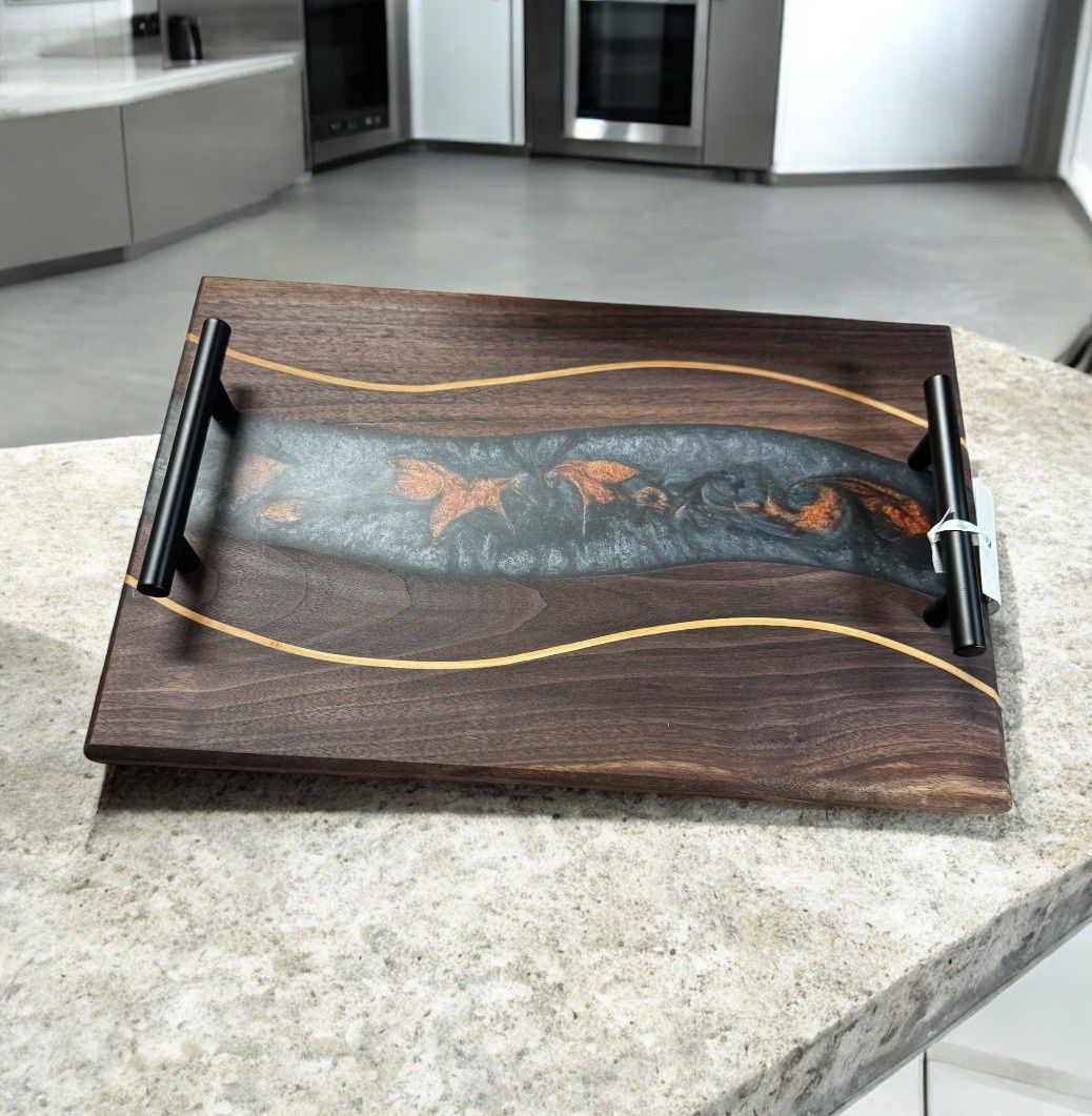 GM Charcuterie Board Black Walnut w/Maple inlay and Bronze Resin
