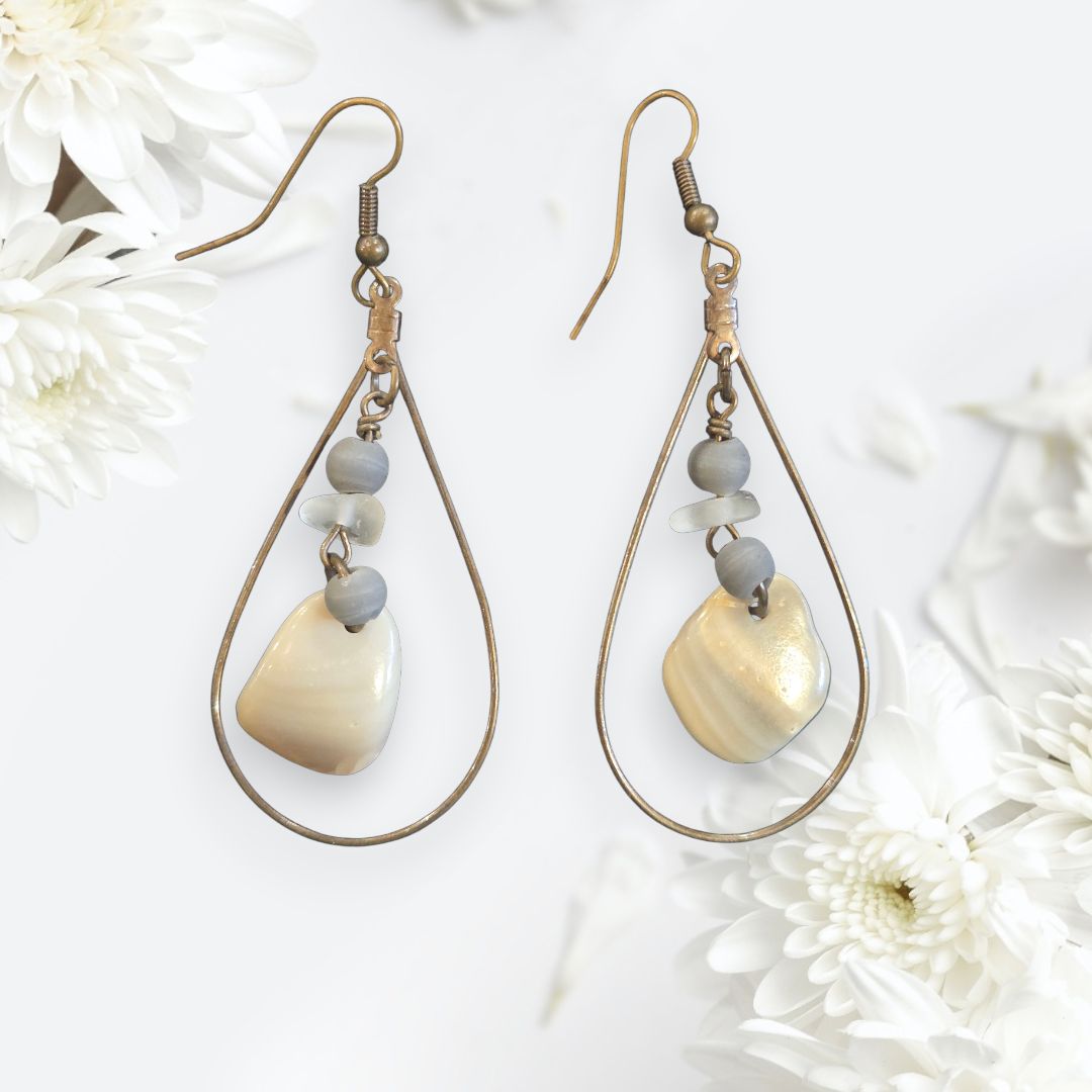 Blue Quarry Earring Beach Glass, OBX Sea Shells, and Recycled Glass Beads