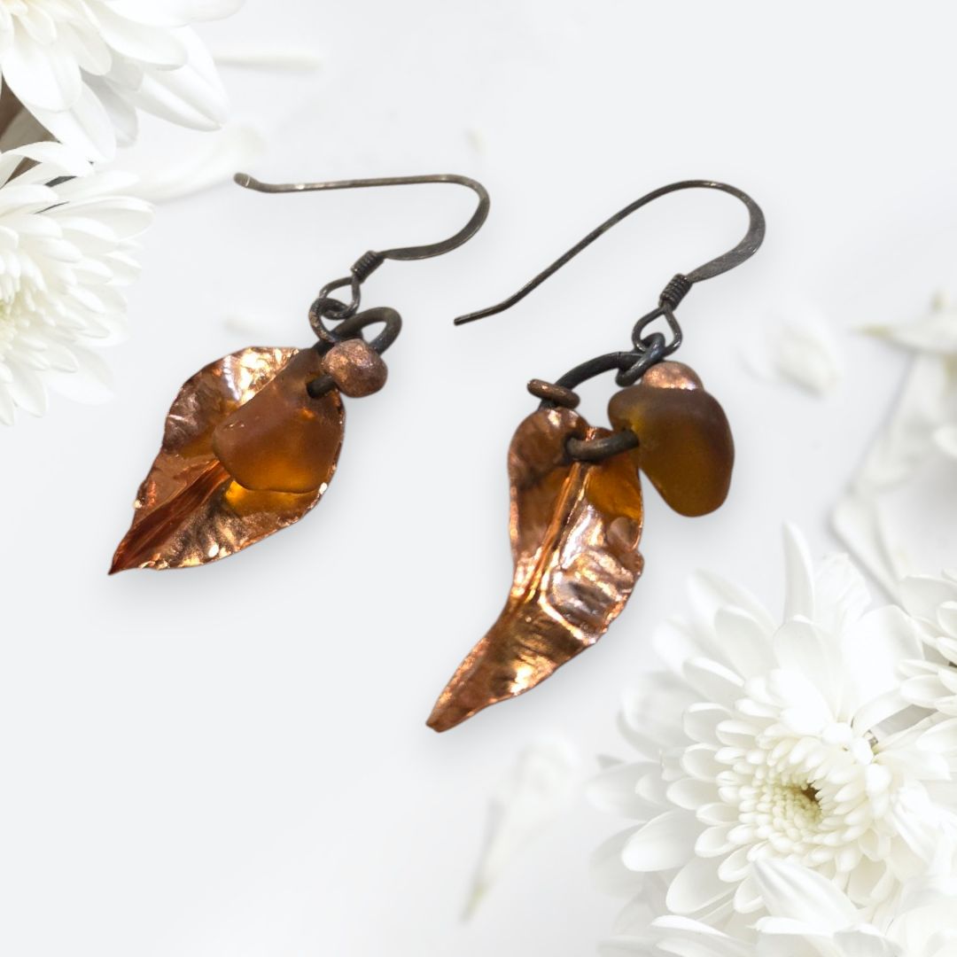 Blue Quarry Earring Forged Copper Leaf with Beach Glass
