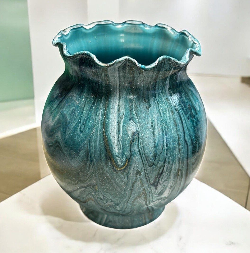 Stevenson 6  Inch Fluted Top Blue Green and Gold Vase