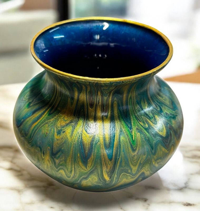 Stevenson Vase 4 Inch Multi Green with Blue Interior and Gold Rim