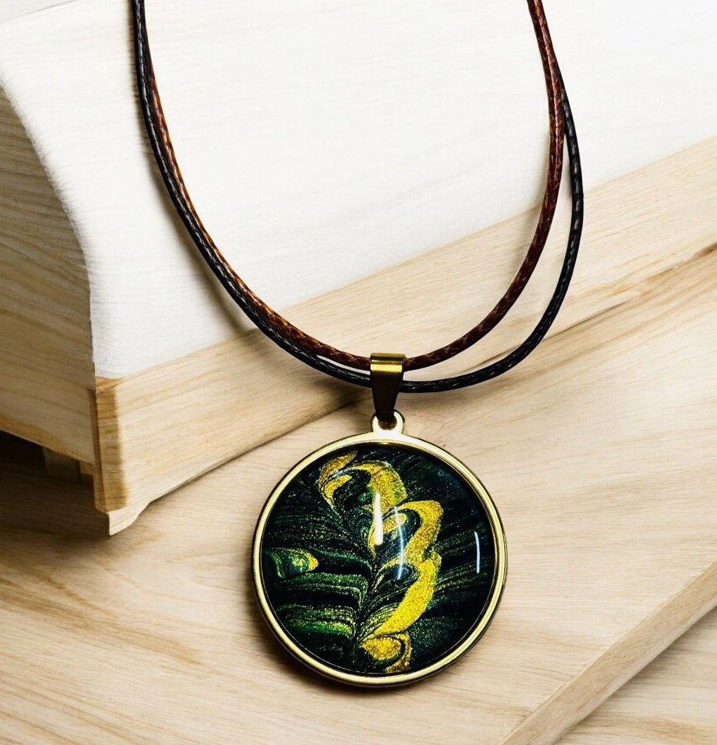 Stevenson Necklace Gold Rim Green on Double Vegan Leather Cord