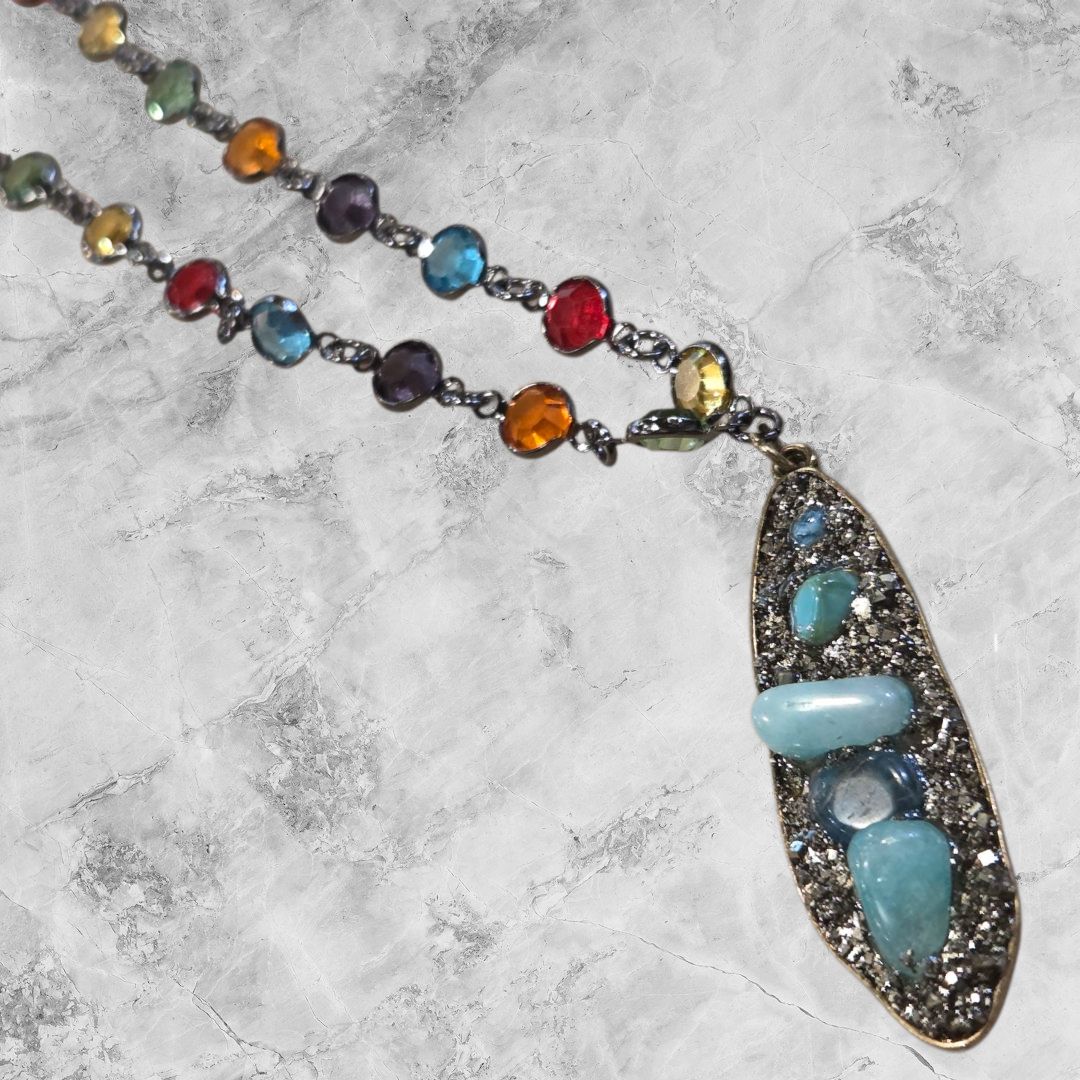 Nadeau Necklace Rainbow Glass Crystal Chain with Turquoise Stones Pendent