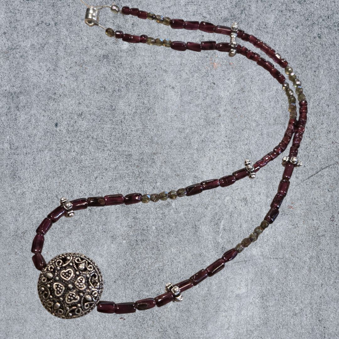 Nadeau Necklace Garnet and Vintage Style Sterling Pendent