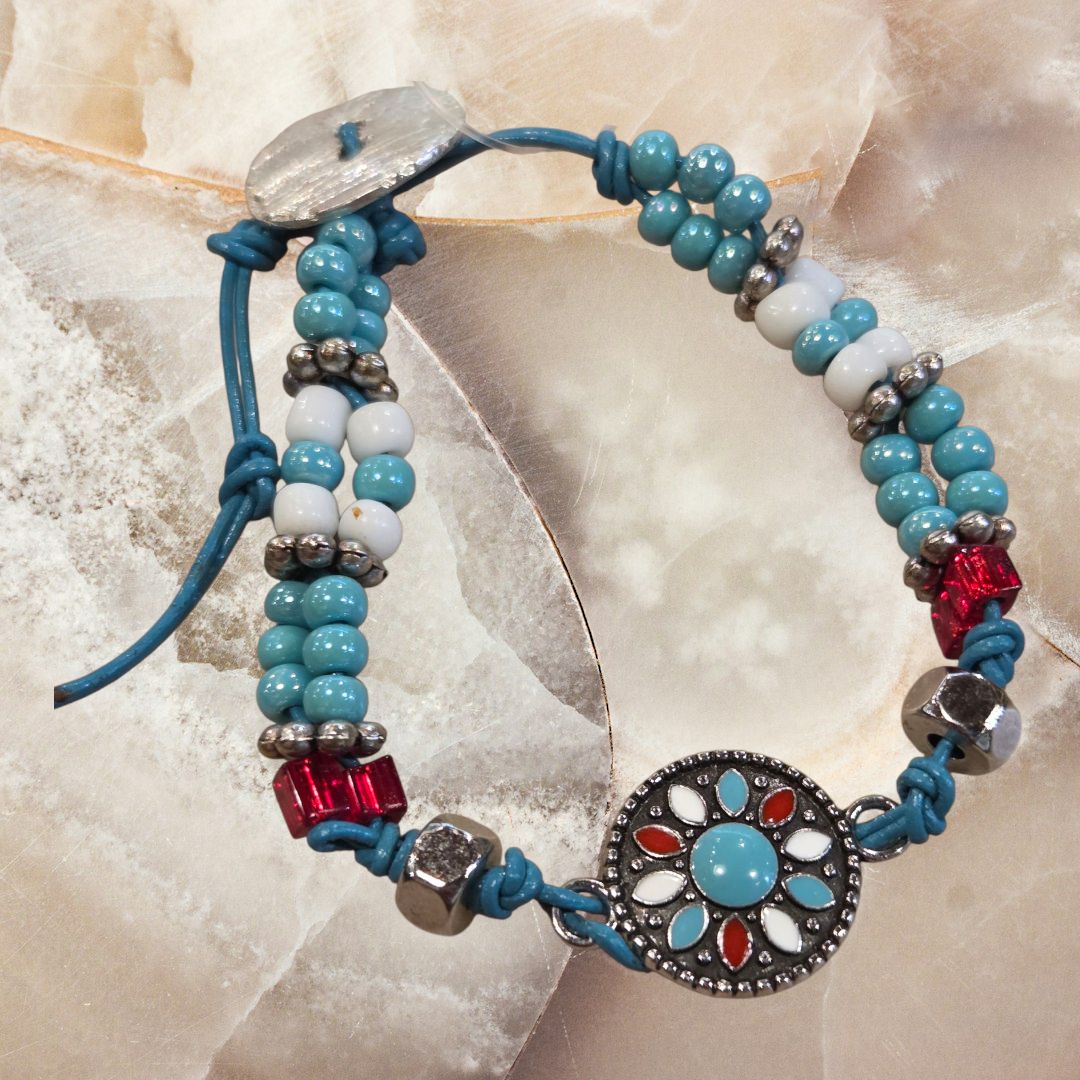 Nadeau Bracelet Enameled Pewter and Seed Beads on Leather