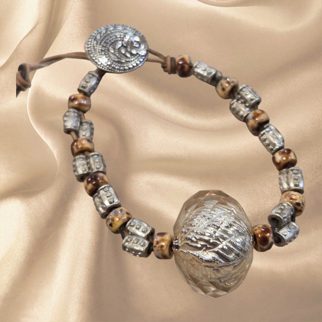 Nadeau Bracelet Artican Lampwork on Pewter and Indonesian Glass Twisted Band
