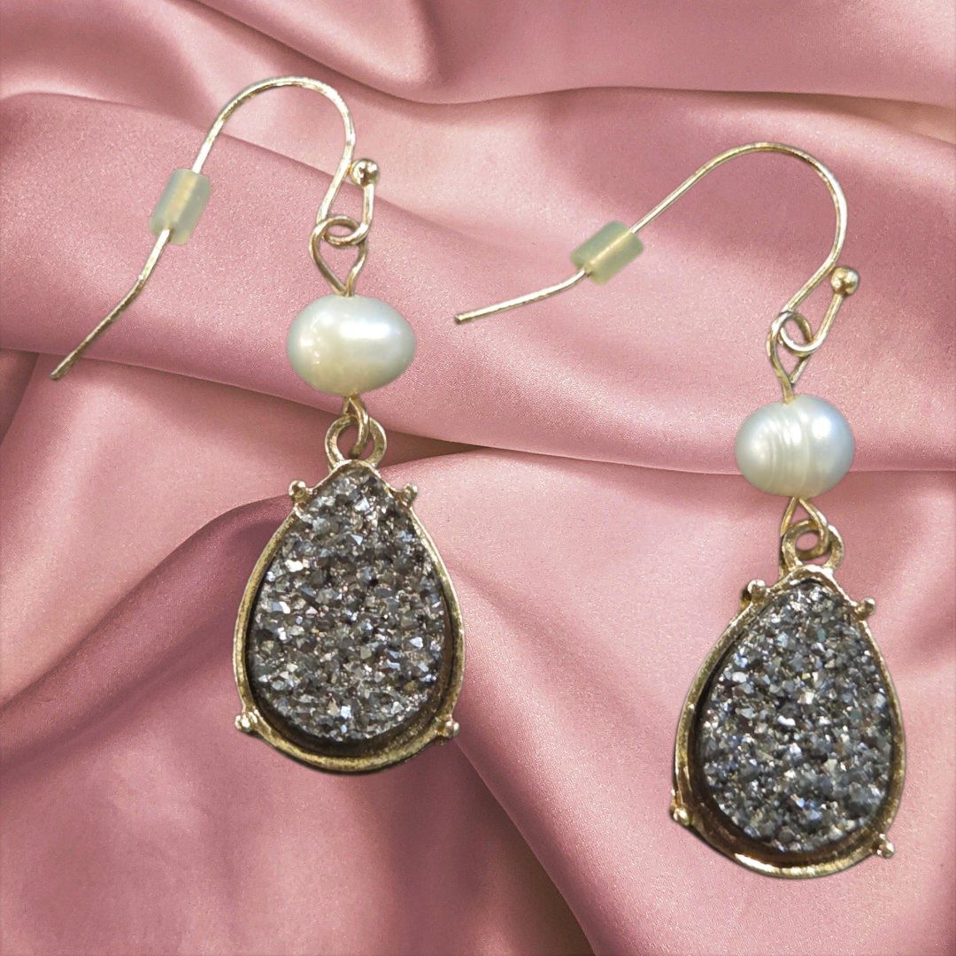 Nadeau Earrings Black Druzy with Pearl