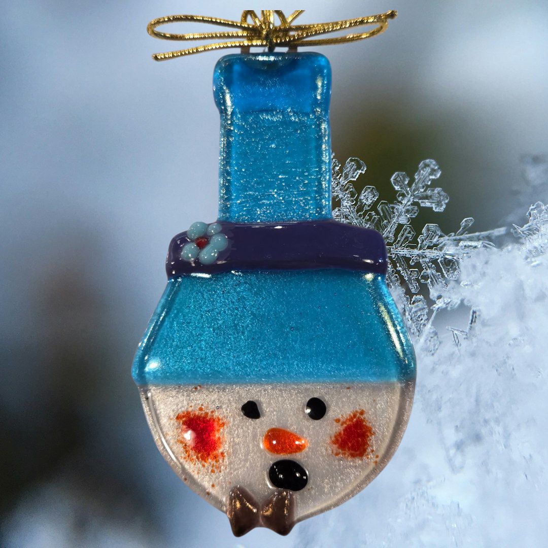 Verre Visage Fused Glass Snowman Tall Hat Ornament 660