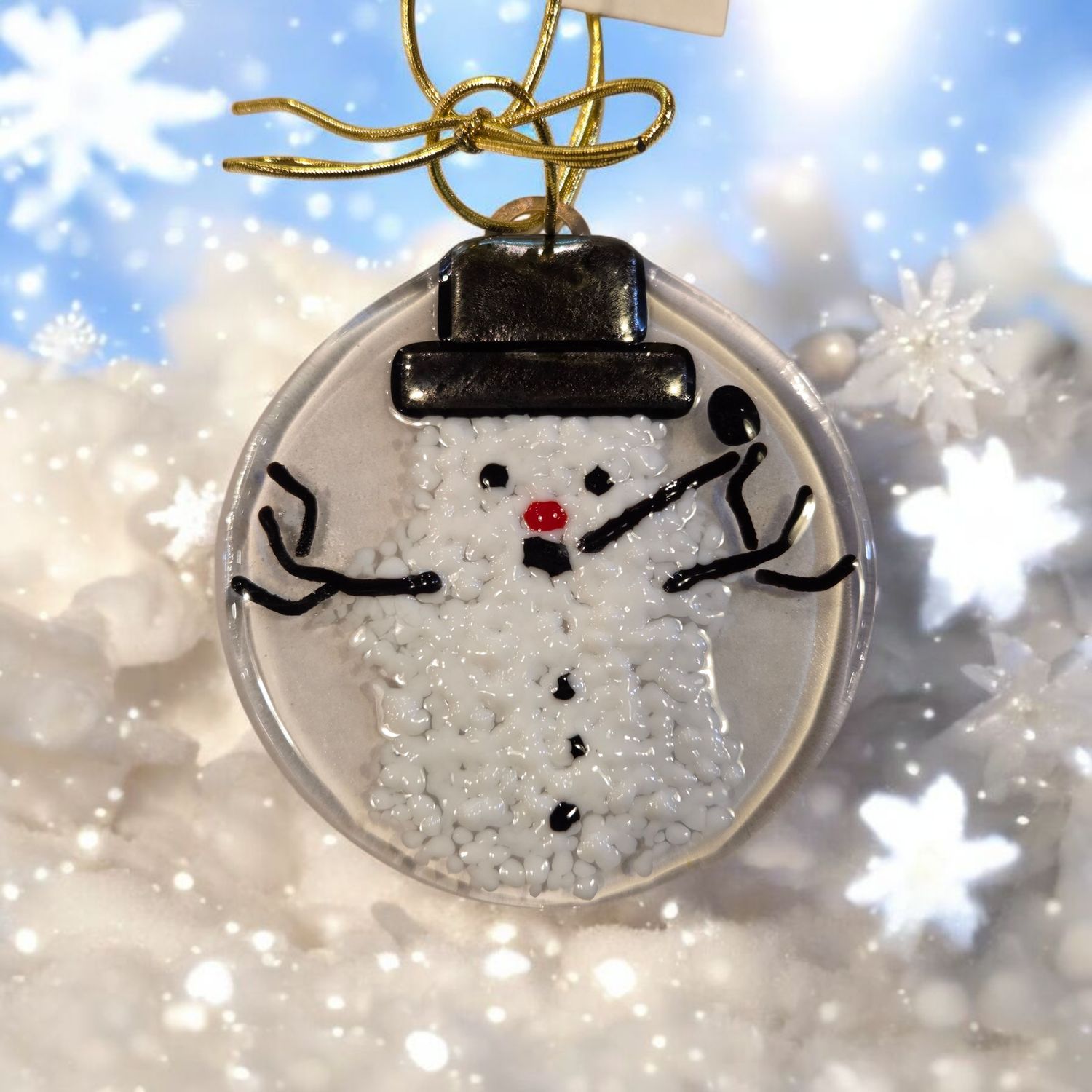 Verre Visage Fused Glass Snowman Ornament 618