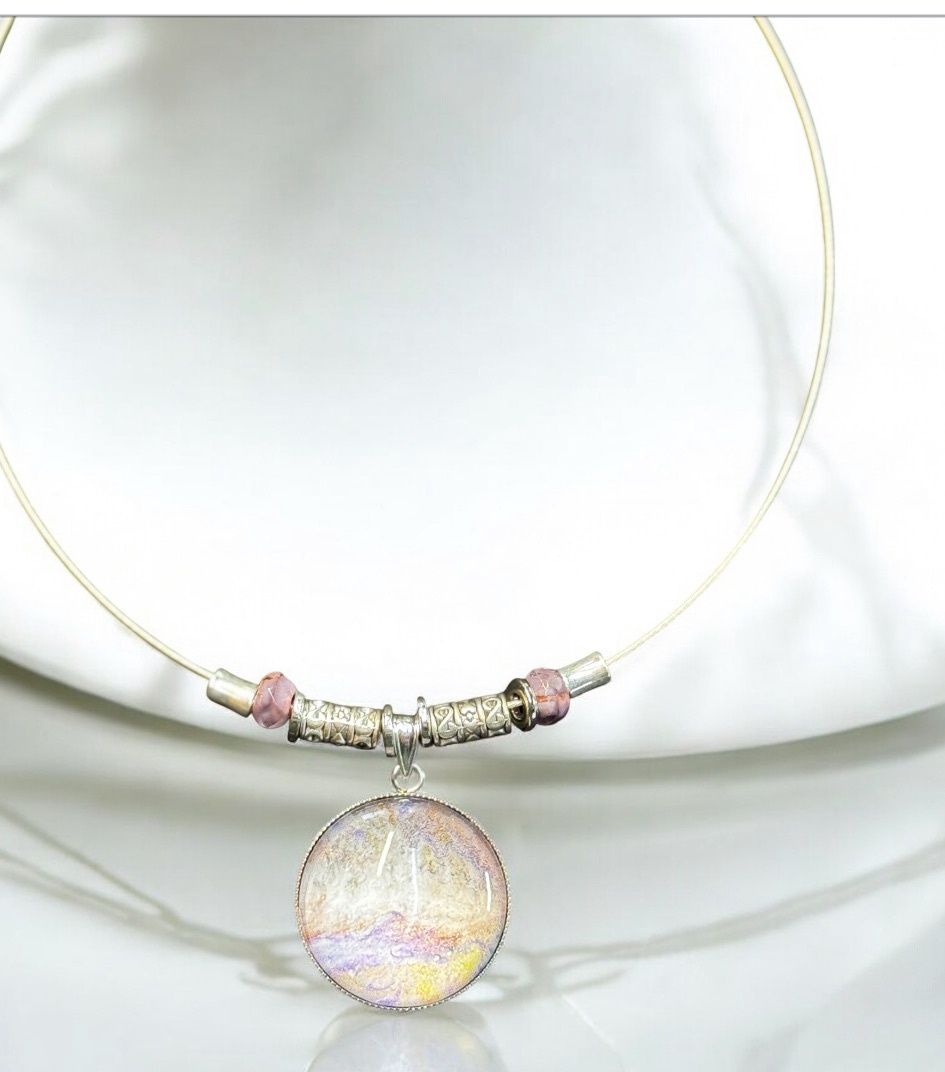 Stevenson Necklace Violet Round on Silver Neck Wire with Beads