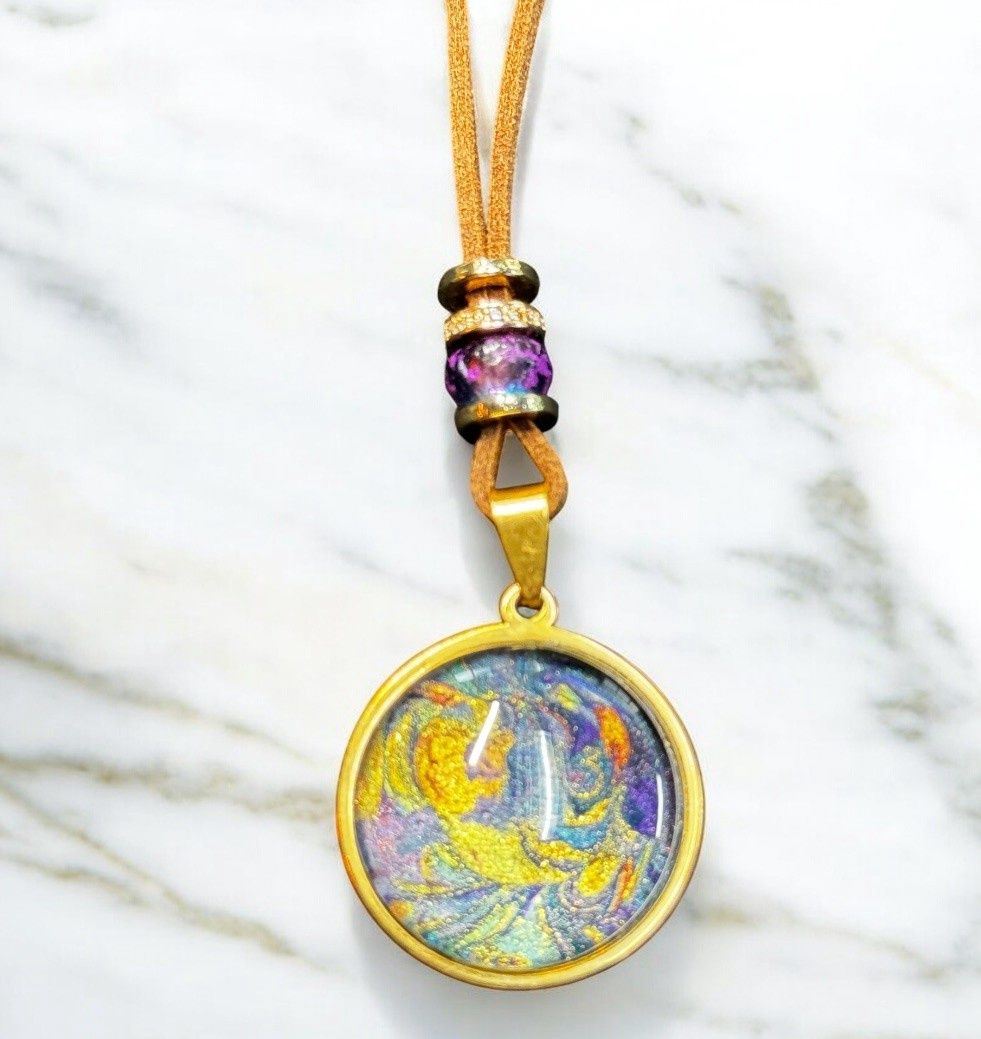 Stevenson Necklace Round Jewel Tones on Tan Vvegan Leather Cord