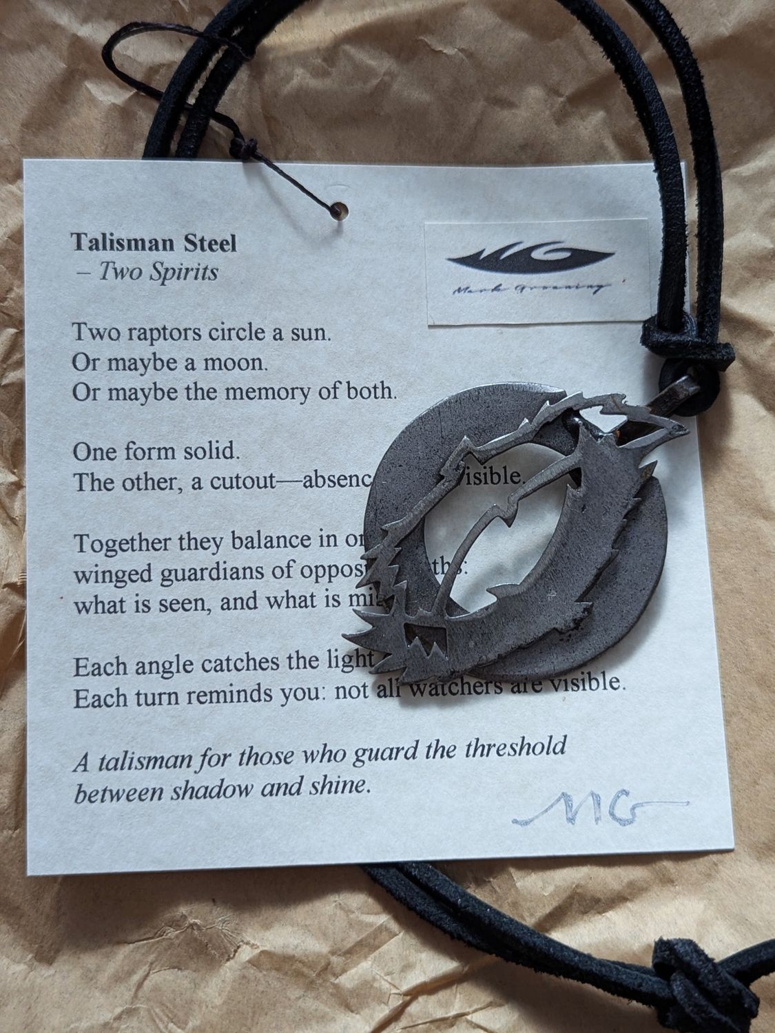 Groaning Talisman Steel Pendant on Leather- Two Spirits