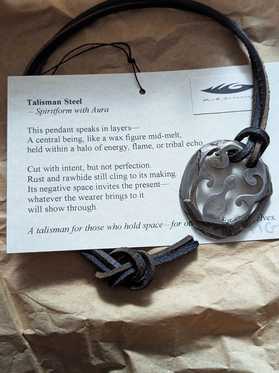 Groaning Talisman Steel Pendant on Leather- Spiritform with Aura