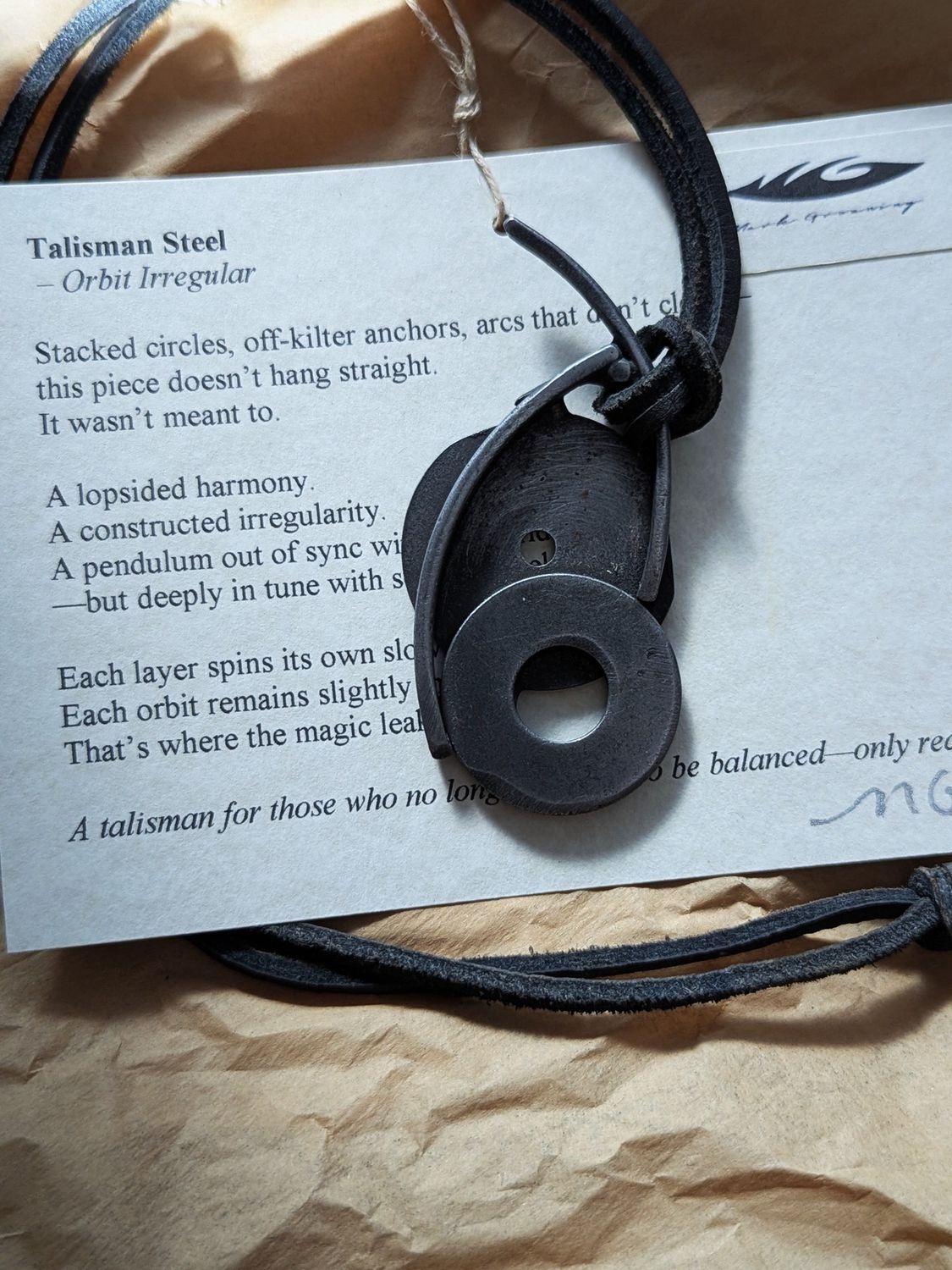 Groaning Talisman Steel Pendant on Leather- Orbit Irregular