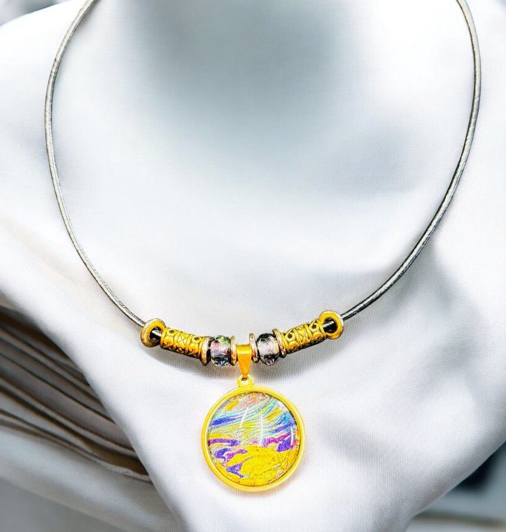 Stevenson Necklace Round Jewel Tones on Black Leather Cord with Beads