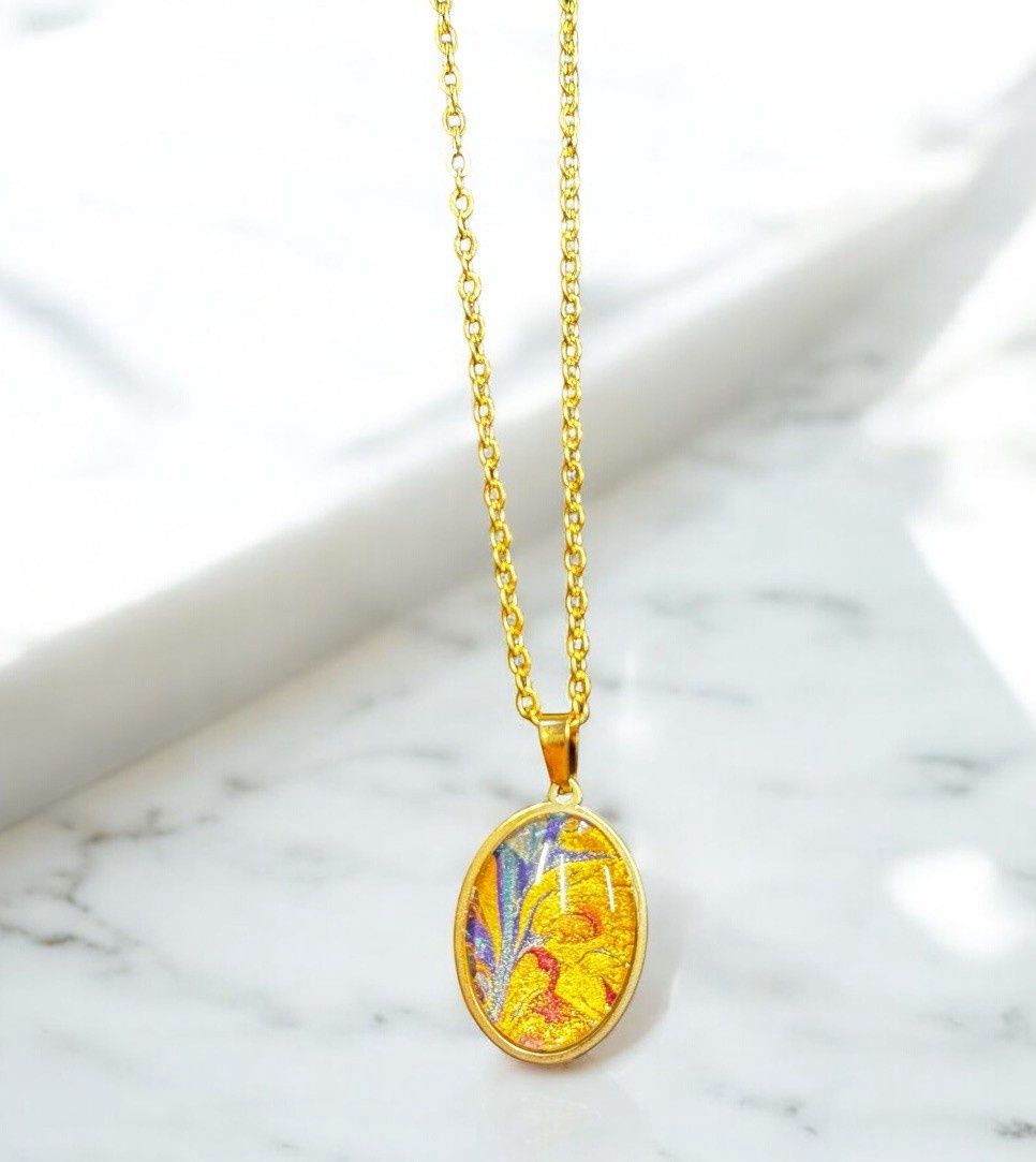 Stevenson Necklace Oval Gold and Blue Floral