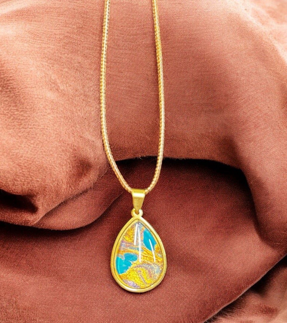 Stevenson Necklace Teardrop Teal on Tan Vegan Leather Cord