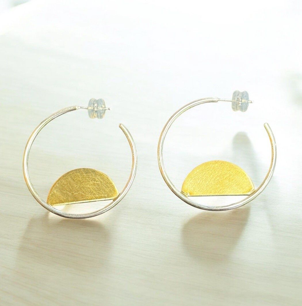 Interstellar Earrings Silver with Brass Half Moons