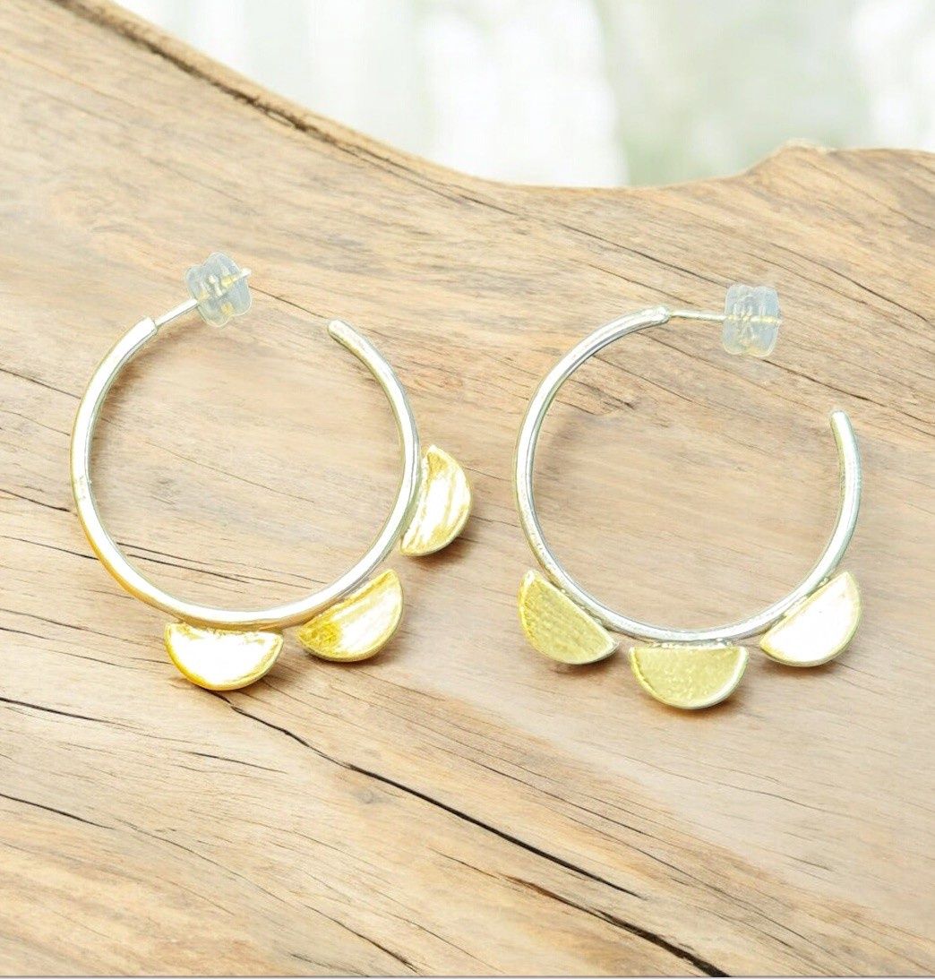 Interstellar Trinity Silver and Brass Half Moon Hoops