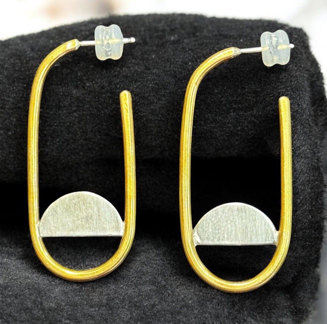 Interstellar Earrings Elongated Brass Hoops with Silver Half Moon