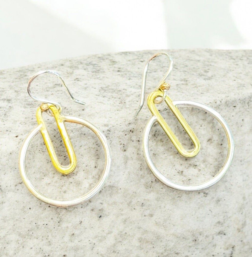 Interstellar Earrings Open Circle Silver with Brass Elongated Oval