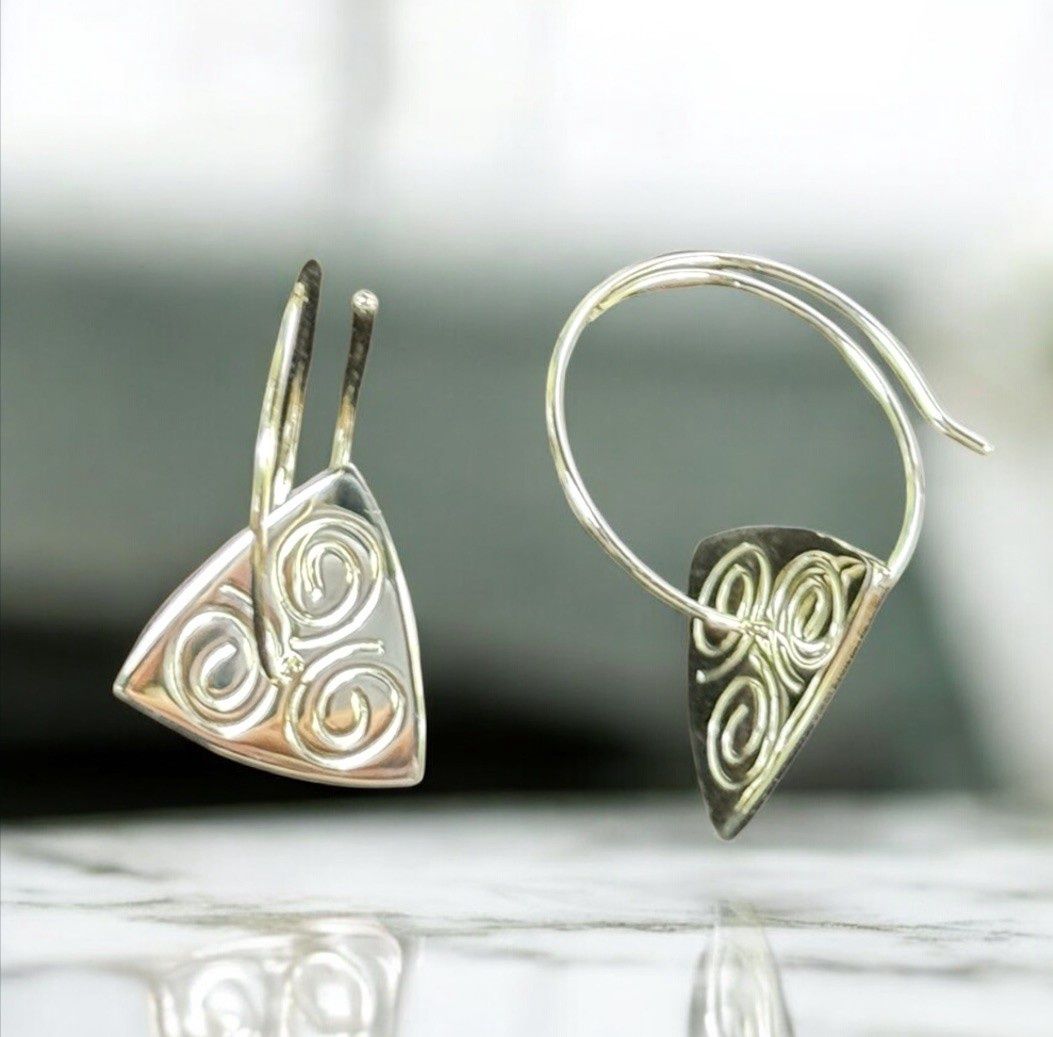 Gray Earrings Silver Triangle and Swirls